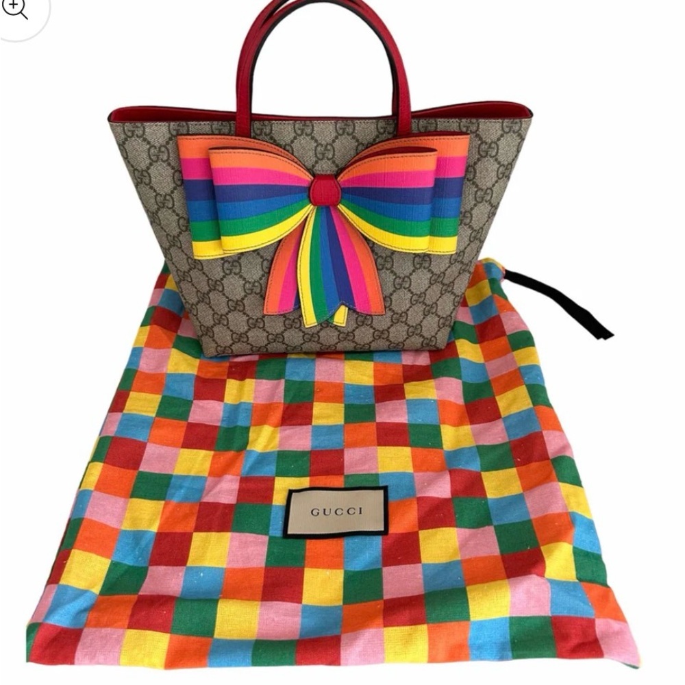 Gucci Multicolor Bow GG Supreme Canvas Tote with Red Trim